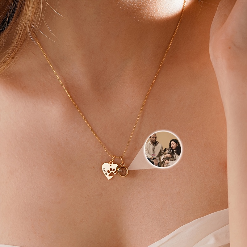 Custom Stainless Steel Heart Shaped Paw Name Projection Necklace